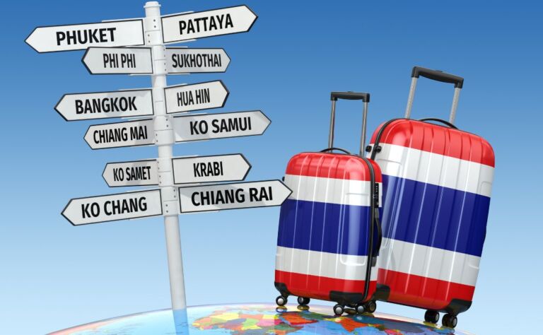 Travel concept. Suitcases and signpost what to visit in Thailand. 3d