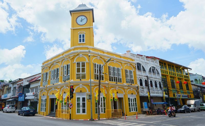 Phuket, Thailand. Building with clock tower in Chino-Portuguese style after has been renovated in Phuket old town.