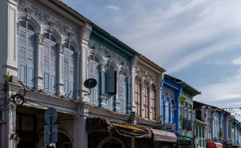 Painted shop fronts on Thalang Road Old Town Phuket Thailand