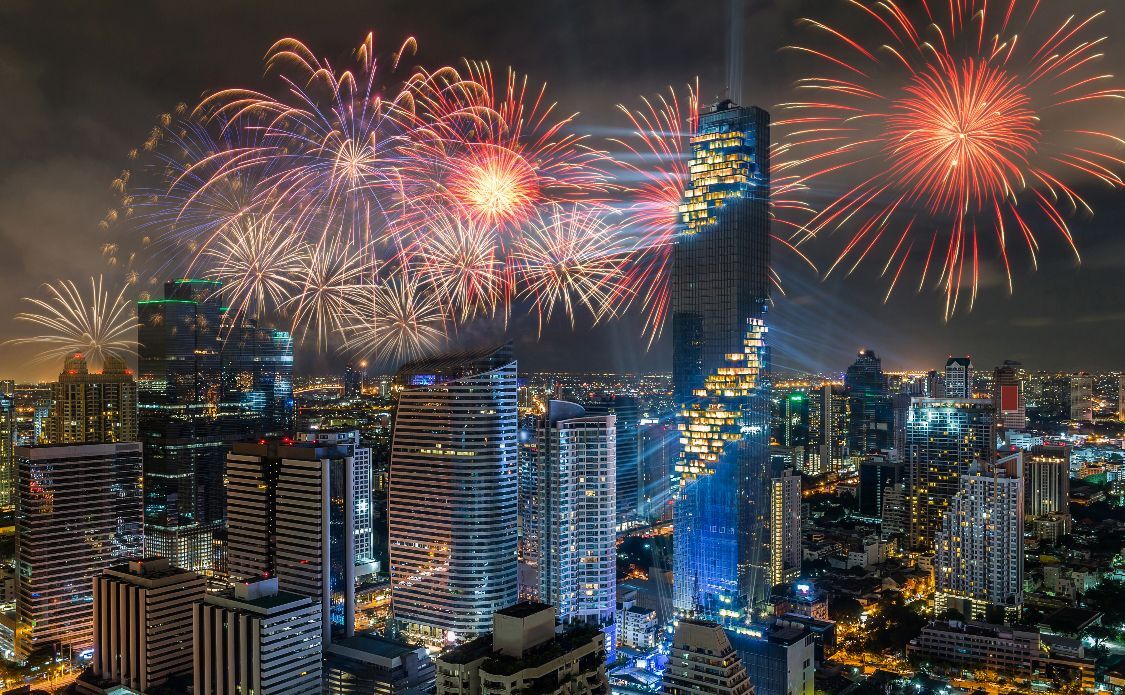 Top view of Bangkok Cityscape at night Firework Celebration, Mahanakhon