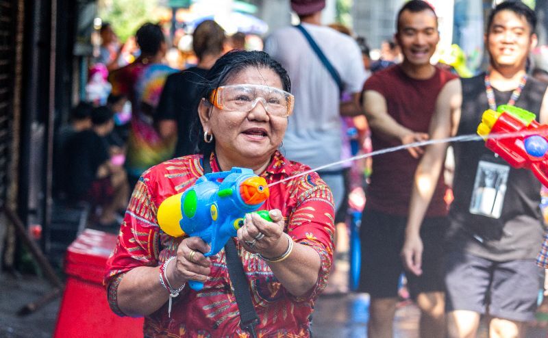 Water fight on the streets of Silom district as part of the Songkran festival