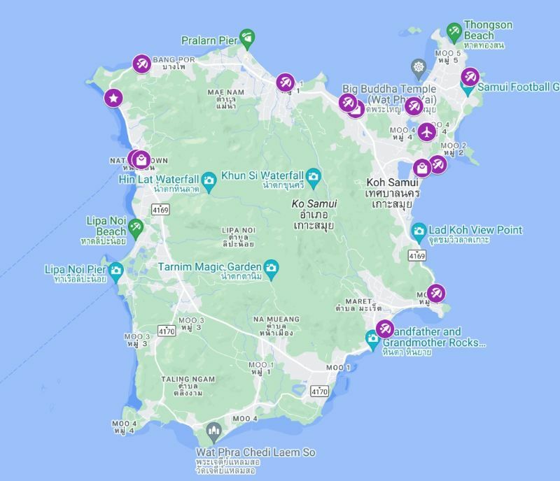 a map of samui with main beaches and the location of Humble Villas