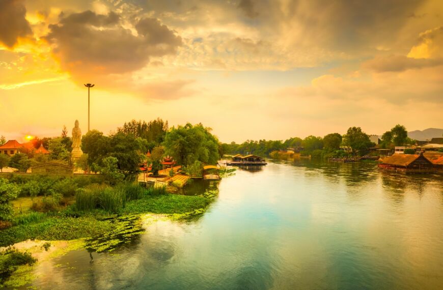 Kanchanaburi riverfront restaurants at sunset