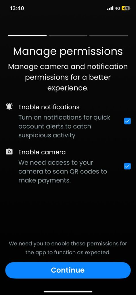 Moreta Pay QR Permissions screen