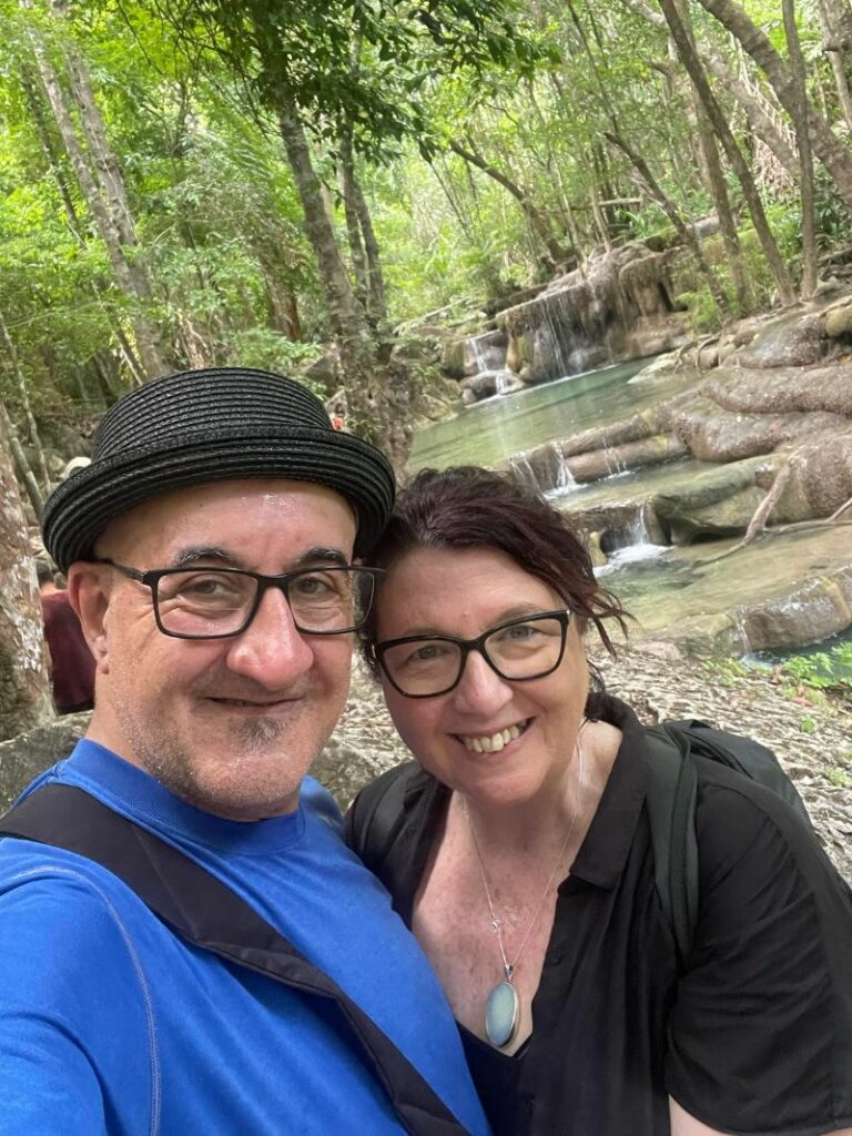 Paula and Charles at Erawan Falls in Kanchanaburi