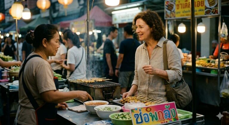 lady talking to a vendor in a thai market